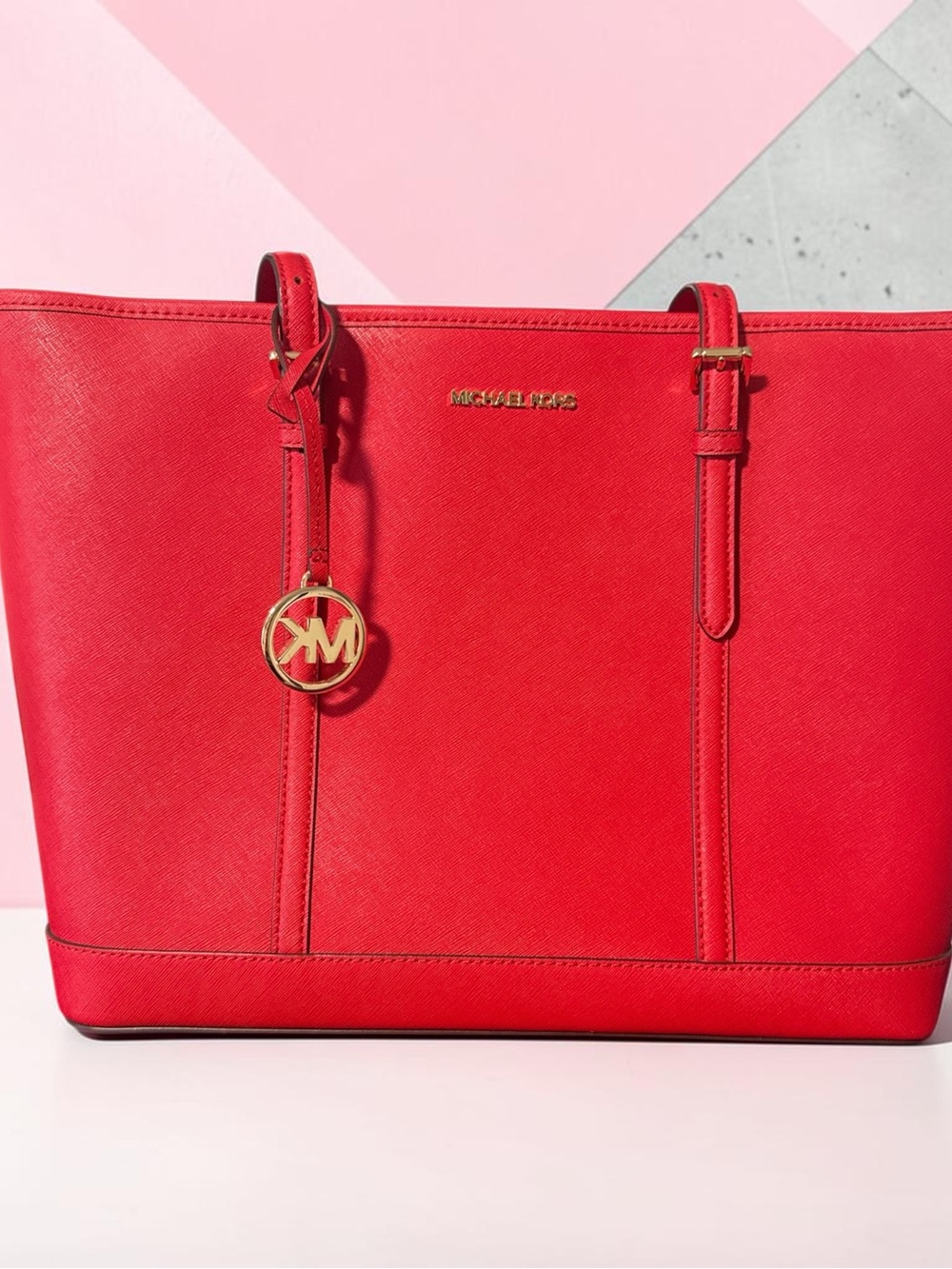 Michael Kors Red Saffiano Leather Tote with Gold Hardware